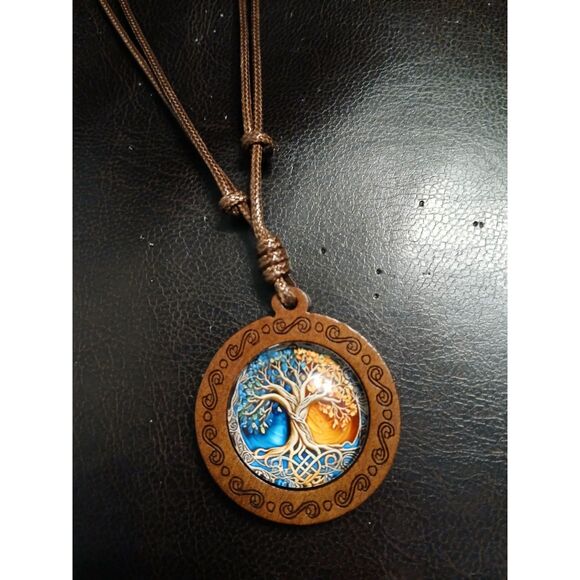 Tree of Life Necklace Blue Orange Wood Glass on a Rope Men Women Teens - Picture 4 of 8